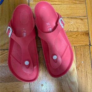 Birkenstock Coral Sandals with White Buckles